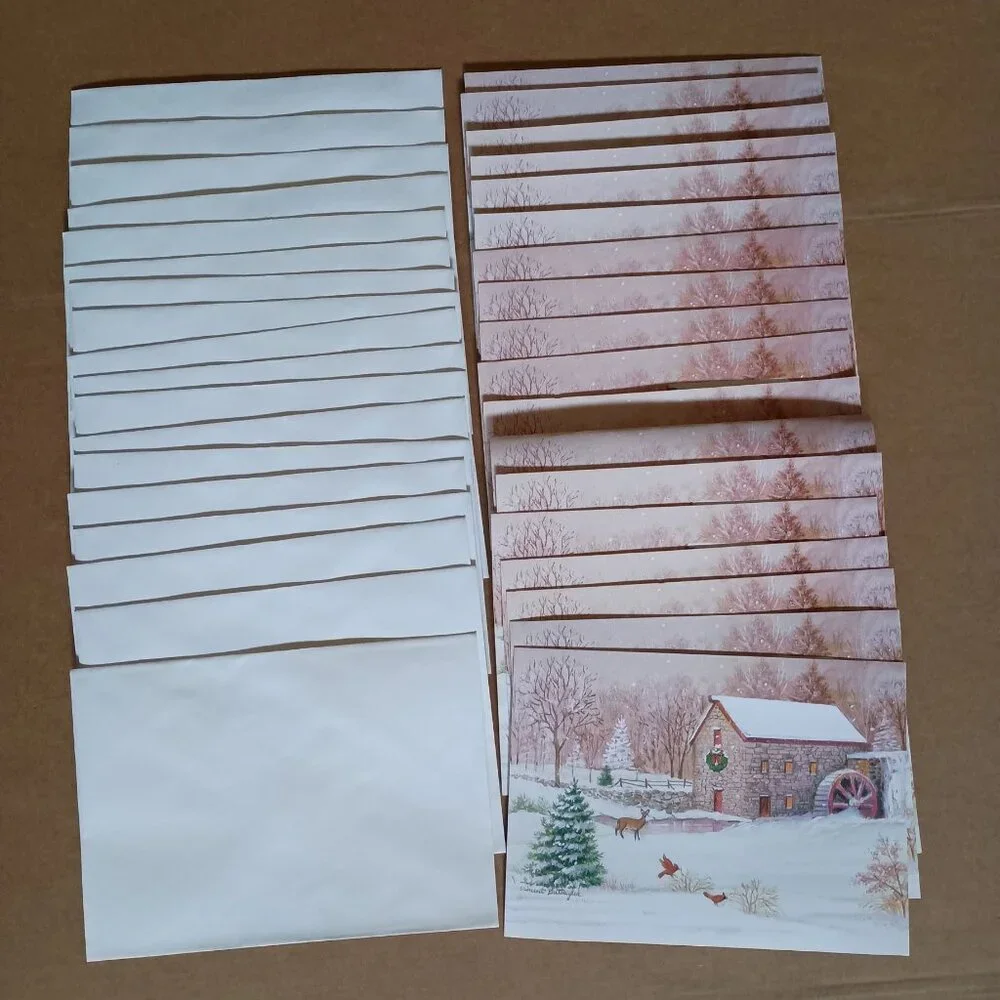 18 unused vintage Christmas cards with envelopes snowy rural farming scene